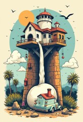A cartoon style illustration of a lighthouse with a car parked in front of it
