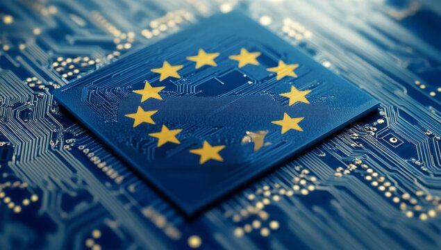 European Union flag overlaid on a circuit board.  Detailed close-up view of the European Union flag superimposed on a complex circuit board - Powered by Adobe