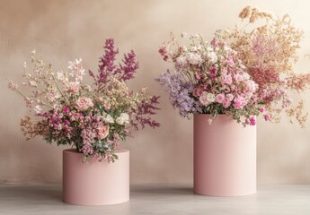 Fototapeta premium Pastel Flower Arrangements in Blush Pink Vases Against Beige Textured Background