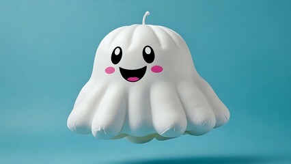 Fototapeta premium Adorable 3D rendered happy ghost, floating against a teal background. Perfect for Halloween, children's media, or whimsical designs.