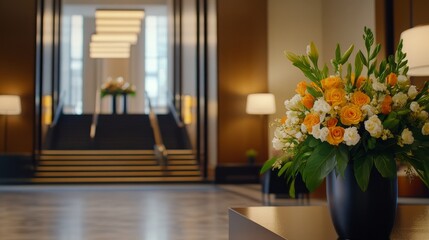 Elegant hotel lobby featuring a vibrant flower arrangement with a grand staircase in the background