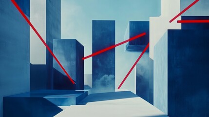 Fototapeta premium Blue geometric shapes move dynamically against a minimal backdrop, accented by red lines. 