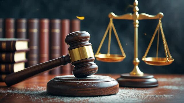 Focus on hammer, collection of files on a table coated in dust - idea of unresolved old cases or tasks at the judicial court.