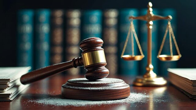 Focus on hammer, collection of files on a table covered in dust - concept of unresolved old cases or work at the judicial court.