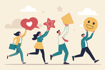 Social media customer feedback review, employee satisfaction, positive feedback on online ranking, giving high score rating, like or happy opinion concept, people carry social feedback elements.