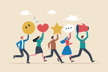 Social media customer feedback review, employee satisfaction, positive feedback on online ranking, giving high score rating, like or happy opinion concept, people carry social feedback elements.
