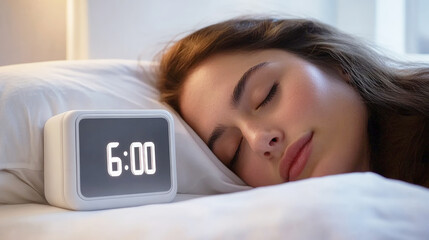 Woman peacefully sleeping beside digital alarm clock showing 6:00 a.m., representing morning routine, rest, early wake-up, sleep hygiene, and healthy lifestyle balance.