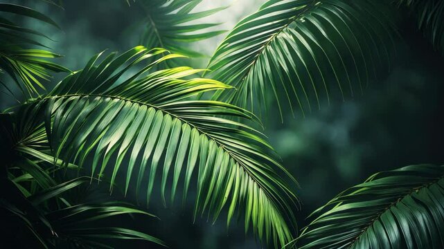 Close-up of dark green foliage showcasing eco-friendly fresh flora, with exotic palm tree leaves creating a beautiful rainforest backdrop for a creative tropical wallpaper.