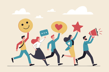 Social media customer feedback review, employee satisfaction, positive feedback on online ranking, giving high score rating, like or happy opinion concept, people carry social feedback elements.
