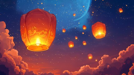 Sky lanterns float at twilight
