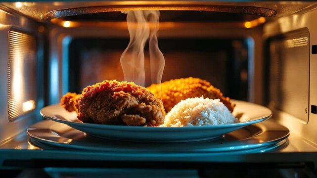 Food heating in microwave oven. Inside view of plate with meal in microwave.