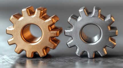 Interlocking Two gears, one gold, one silver, meshing on a textured surface