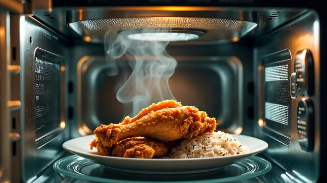Food heating in microwave oven. Inside view of plate with meal in microwave.