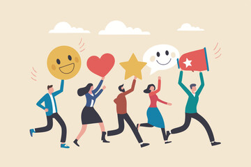 Social media customer feedback review, employee satisfaction, positive feedback on online ranking, giving high score rating, like or happy opinion concept, people carry social feedback elements.
