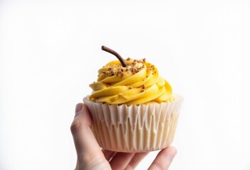 A hand holding a cupcake with a cherry on top
