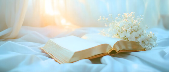 white empty big book open and white flowers over white courtin illuminated by sunlight interior; concept of innocent, first holy communion, wedding, sacred sacrament; copy space