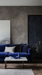 Luxurious Living Room with Deep Blue Velvet Sofa
