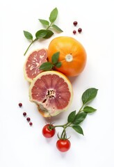 A group of oranges, grapefruits, and tomatoes on a white surface