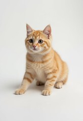 Fototapeta premium A small orange and white cat sitting on a white surface