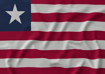 Fototapeta premium Liberia Flag Textured Fabric - Waving, Nation, Star, Stripes, Red, White, Blue, African Country