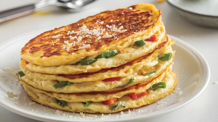 Golden brown omelets served with potatoes and herbs