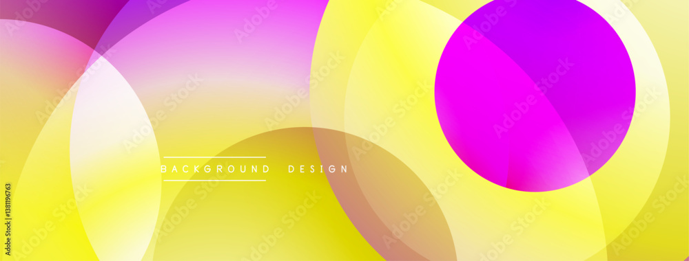 Poster bright colorful circles overlap creating abstract design. yellow, pink, purple hues blend smoothly. 