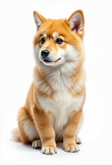 A small brown and white dog sitting on a white surface