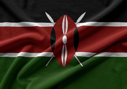 Kenya Flag Textured National Symbol with Shield, Spears, Red, Black, Green.