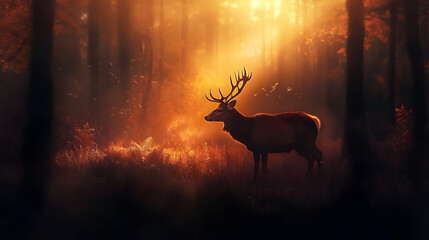 A solitary deer walking gracefully in a foggy autumn forest, with the sunlight filtering through the trees.