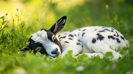 Obraz premium Cute black spotted baby goat, sleeping in a summer meadow with wild flowers, nature photography. Beautiful mockup or background for springtime, cute adorable goat.