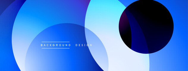 Blue gradient circles overlap. White space creates contrast. Minimalist design with text BACKGROUND DESIGN. Modern aesthetic. Clean lines.