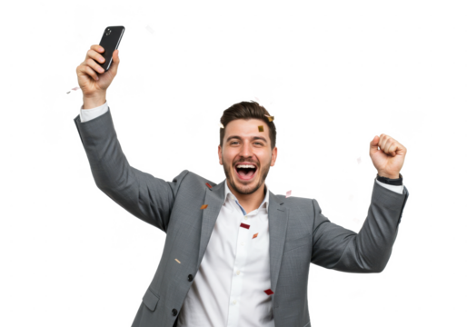 Man in suit celebrating with phone in hand and confetti falling around him on a black background on transparent background