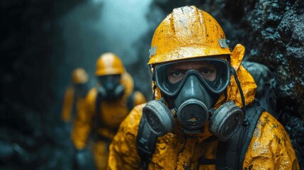 Workers in bright yellow rain gear and gas masks enter a mining tunnel for excavation and mineral extraction, surrounded by dark walls and moisture in the air.