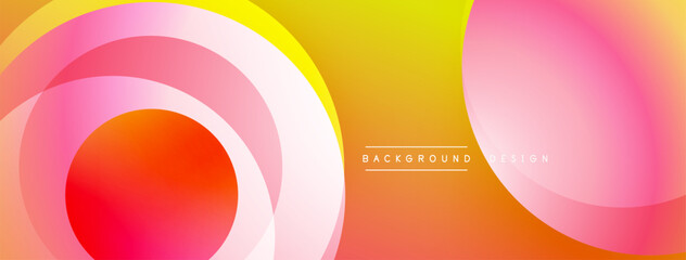 Bright colorful abstract design. Overlapping circles create dynamic gradient effect. Smooth transitions between pink, orange, yellow hues. Modern aesthetic.