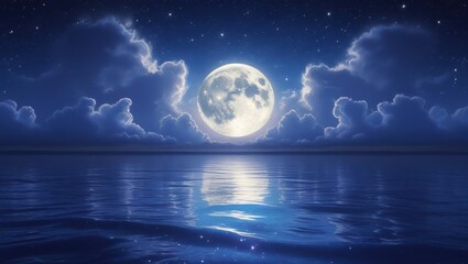Moonlight nightscape ocean view serene starry sky clouds