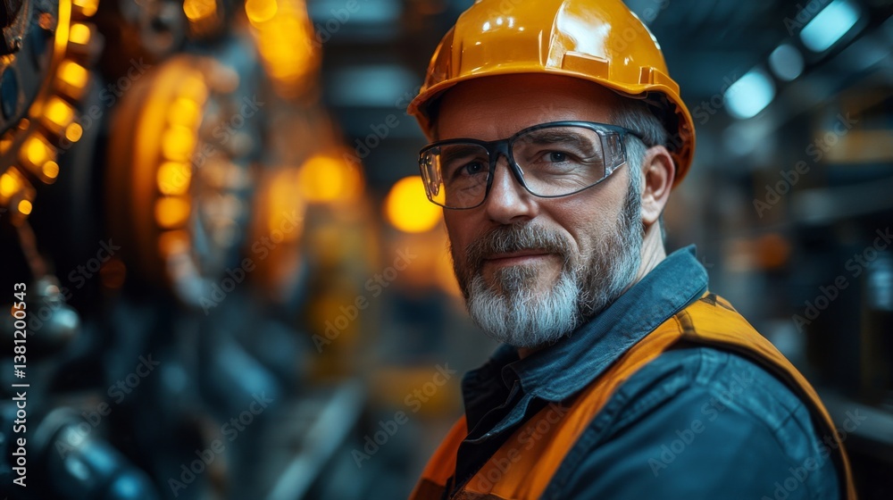 Poster a skilled worker wearing a safety helmet and glasses is engaged in mining operations, overseeing the