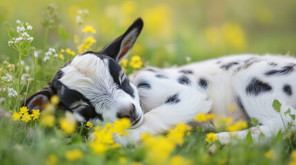 Obraz premium Cute black spotted baby goat, sleeping in a summer meadow with wild flowers, nature photography. Beautiful mockup or background for springtime, cute adorable goat.