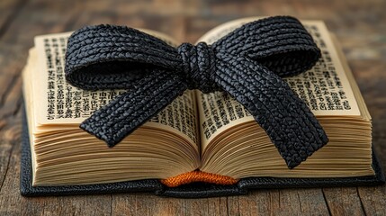 Fototapeta premium Black Belt on an Open Book: A Symbol of Knowledge and Discipline