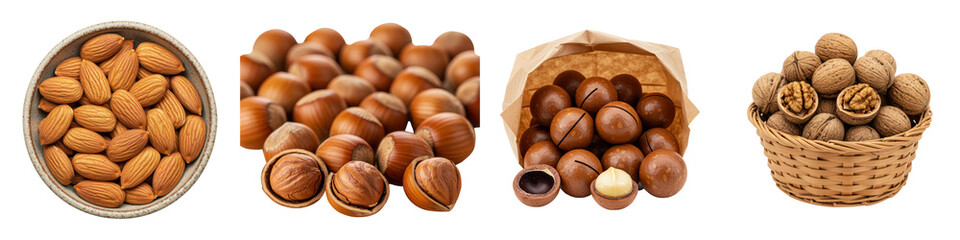 Obraz premium Almonds, hazelnuts, macadamia nuts and walnuts.