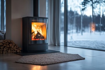 Cozy wood stove in modern home with winter view