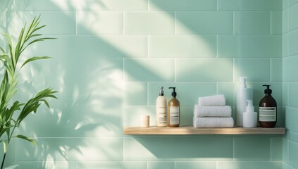 Mint-green tiled bathroom with wooden shelf and toiletries. Sunlight filters through foliage