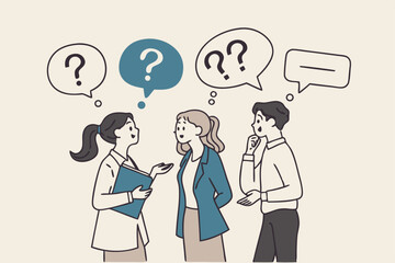 Ask questions for help or solution, confusion, doubt or query for answer and information, business discussion to solve problem concept, business people employee ask questions with question mark signs.
