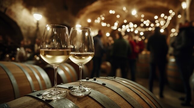 The concept of fine dining, wine culture, and social gatherings is represented by the image of elegant wine glasses on a wooden barrel at a winery event