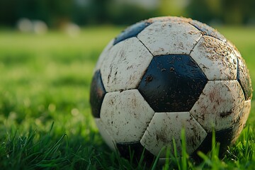 Soccer ball resting on grass in a park during early evening sunlight