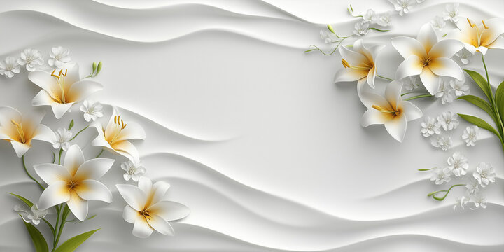 Sfondo bianco con fiori colorati e spazio per messaggio o immagine. Elegante.