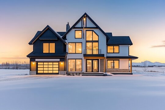 Modern farmhouse in winter wonderland.  Exterior of a two-story home, featuring a mix of black and white siding, large windows, and a covered porch.
