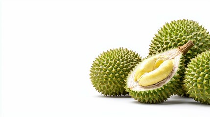 Unripe green durian fruits isolated on white background food photography natural environment close-up perspective