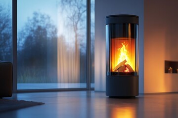 Modern cylindrical fireplace in a living room