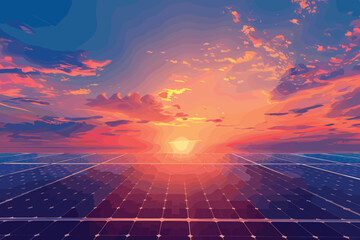 Solar panels field at sunrise or sunset. Mixed media illustration.