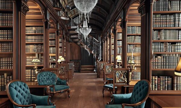 An opulent, grand library with towering bookshelves, spiral staircase, and elegant seating.